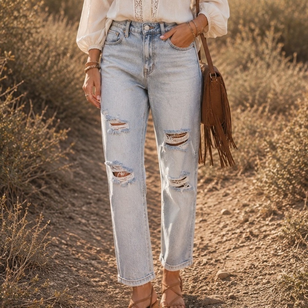 Studio Blue Women High Rise Distressed Mom Jeans Light Wash Size 27 Straight Leg